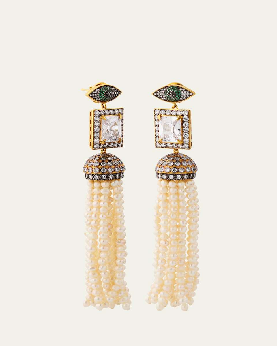 Crystal and Pearl Tassel Statement Earrings